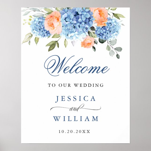 Elegant Blue Hydrangea Pink Blush Roses Wedding Poster (Front)