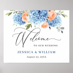 Elegant Blue Hydrangea Pink Blush Roses Wedding Poster