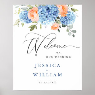 Elegant Blue Hydrangea Pink Blush Roses Wedding Poster