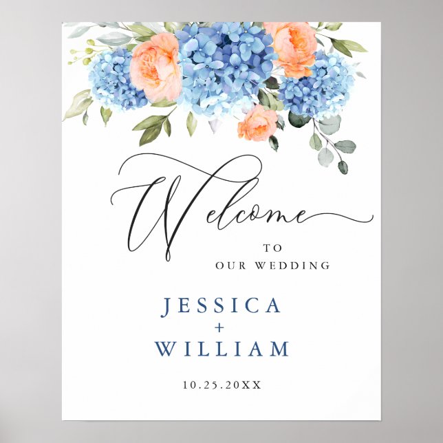Elegant Blue Hydrangea Pink Blush Roses Wedding Poster (Front)