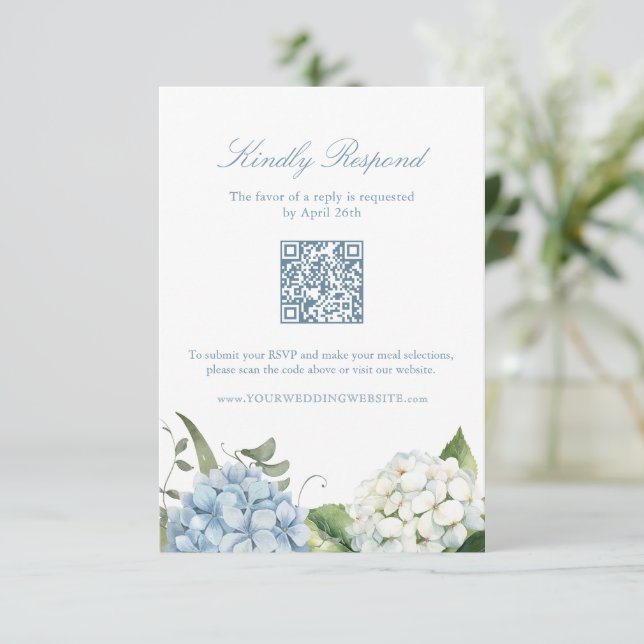 Elegant Blue Hydrangea QR Code Response Card (Standing Front)