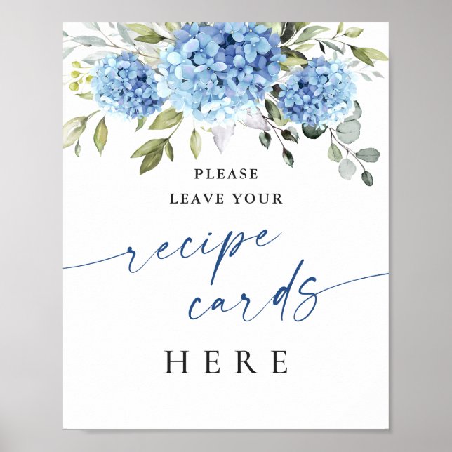 Elegant Blue Hydrangea Recipe Cards Bridal Shower Poster (Front)