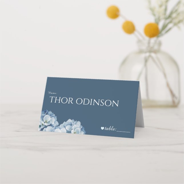 Elegant Blue Hydrangea Ribbon Wedding Place Card (Front)