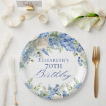 Elegant Blue Hydrangea Roses Garden Birthday Party Paper Plate<br><div class="desc">Elegant watercolor floral design featuring blue hydrangeas,  white roses,  and soft greenery in a garden-inspired arrangement. Perfect for celebrating milestone birthdays for moms,  grandmothers,  sisters,  or aunts. Suitable for classic,  rustic,  vintage,  or floral-themed parties</div>