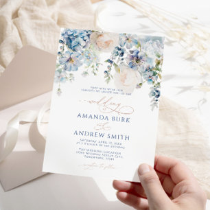 Elegant Blue Hydrangea & Roses Wedding  Invitation