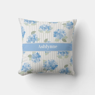 Elegant Blue Hydrangea Sage Green Gray Stripe Name Cushion