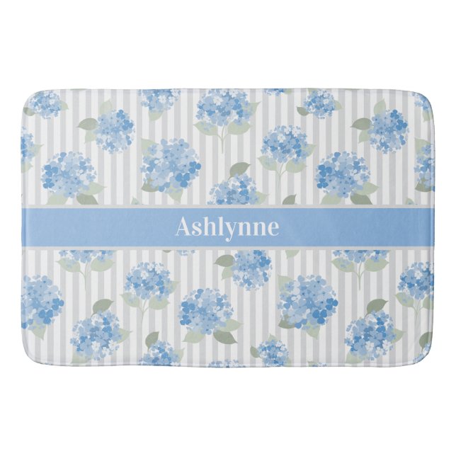 Elegant Blue Hydrangea Sage Green Grey Stripe Name Bath Mat (Front)