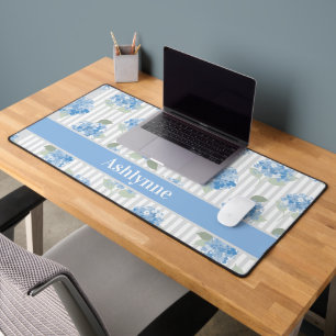 Elegant Blue Hydrangea Sage Green Grey Stripe Name Desk Mat