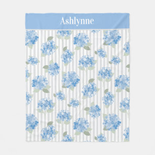 Elegant Blue Hydrangea Sage Green Grey Stripe Name Fleece Blanket