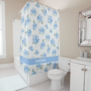 Elegant Blue Hydrangea Sage Green Grey Stripe Name Shower Curtain