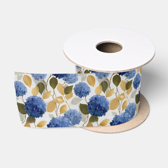 Elegant Blue Hydrangea Seamless Pattern Satin Ribbon (Spool)