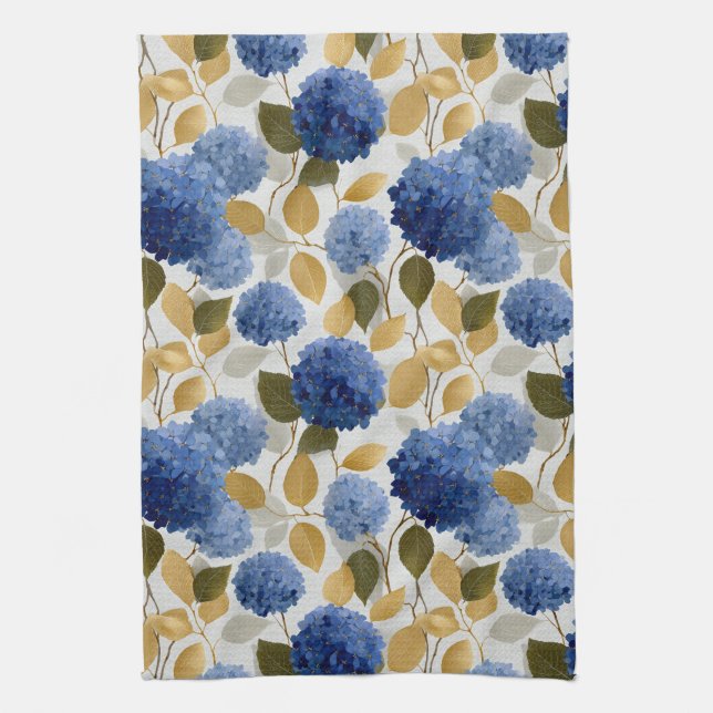  Elegant Blue Hydrangea Seamless Pattern Tea Towel (Vertical)