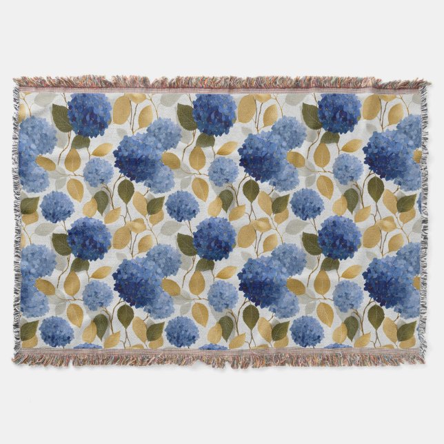  Elegant Blue Hydrangea Seamless Pattern Throw Blanket (Front)