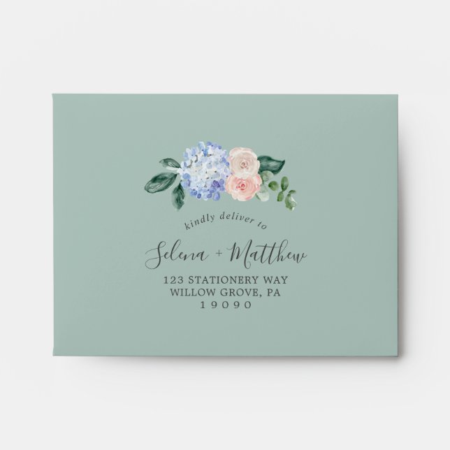 Elegant Blue Hydrangea Self-Addressed RSVP Envelope (Front)