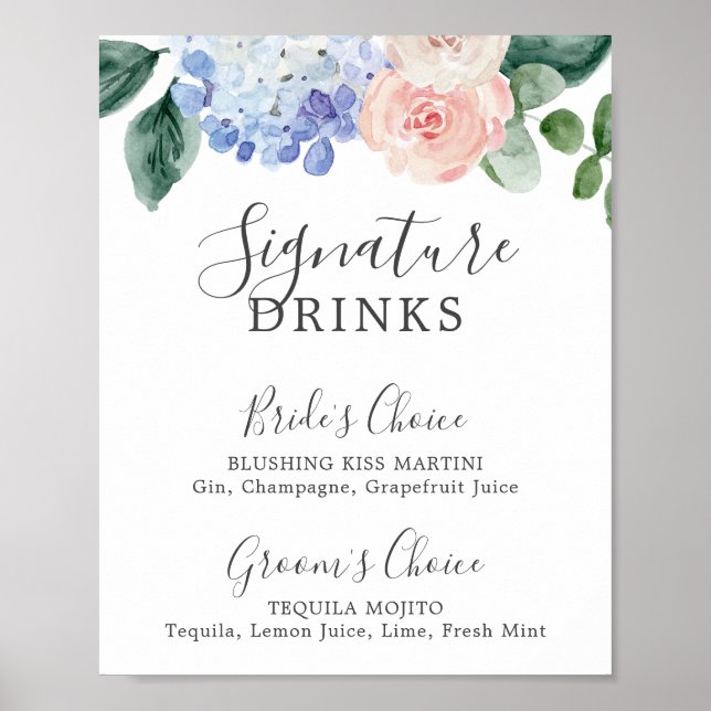 Elegant Blue Hydrangea Signature Drinks Sign (Front)
