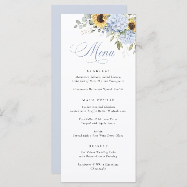 Elegant Blue Hydrangea Sunflowers Wedding Menu (Front/Back)