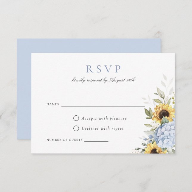Elegant Blue Hydrangea Sunflowers Wedding RSVP Invitation (Front/Back)