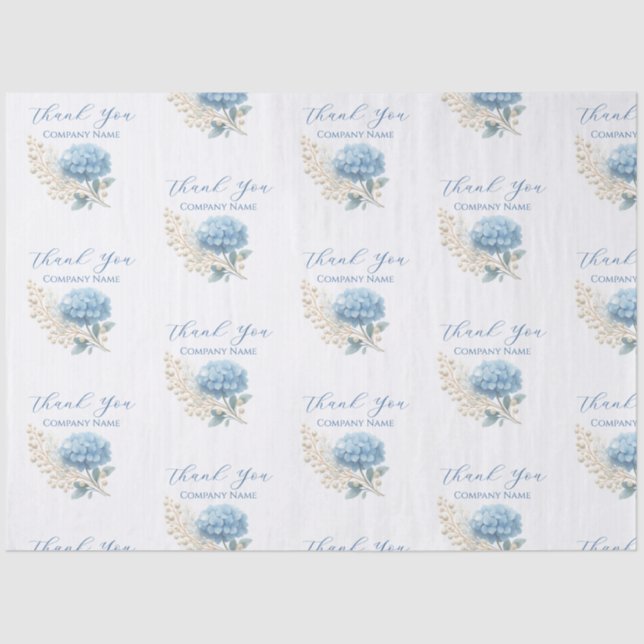 Elegant Blue Hydrangea Thank You Sticker Logo Tissue Paper (Front)