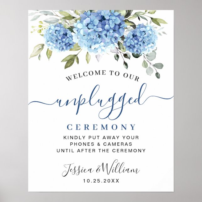 Elegant Blue Hydrangea Unplugged Wedding Ceremony Poster (Front)