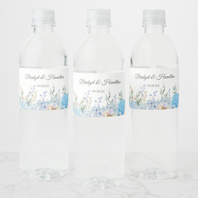 Elegant Blue Hydrangea Water Bottle Label (Bottles)