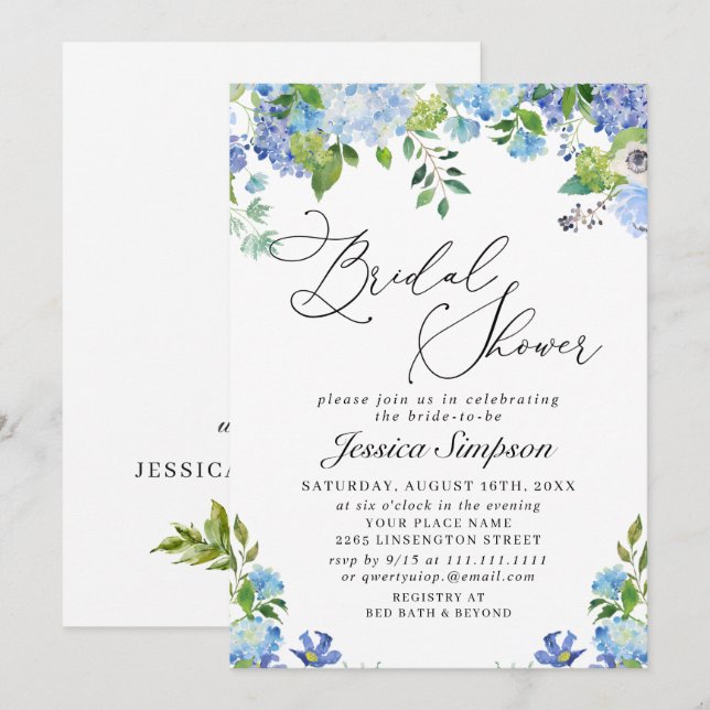 Elegant Blue Hydrangea Watercolor Bridal Shower Invitation (Front/Back)