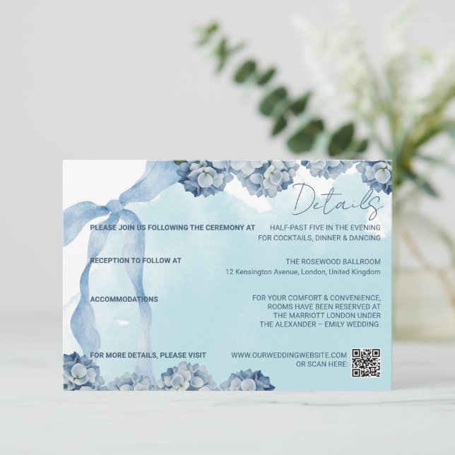 Elegant Blue Hydrangea Watercolor Details Card (Standing Front)