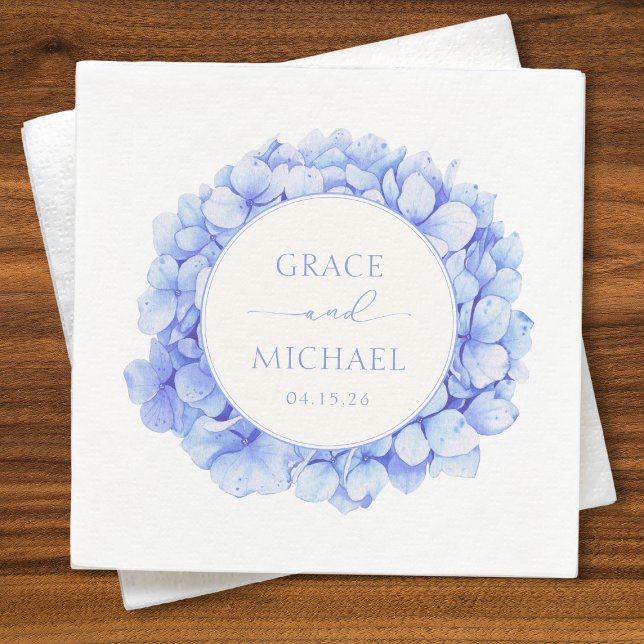 Elegant Blue Hydrangea Watercolor Floral Wedding Napkin (Elegant blue hydrangea wedding napkins with customizable names and date—perfect for your reception.)