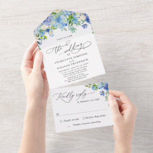 Elegant Blue Hydrangea Watercolor Greenery Wedding All In One Invitation