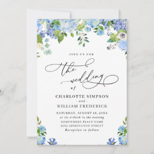 Elegant Blue Hydrangea Watercolor Greenery Wedding Invitation