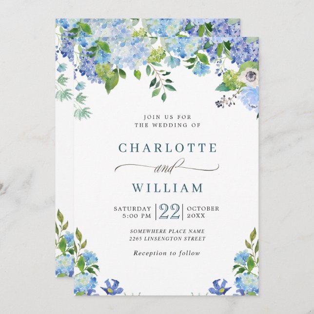 Elegant Blue Hydrangea Watercolor Greenery Wedding Invitation (Front/Back)