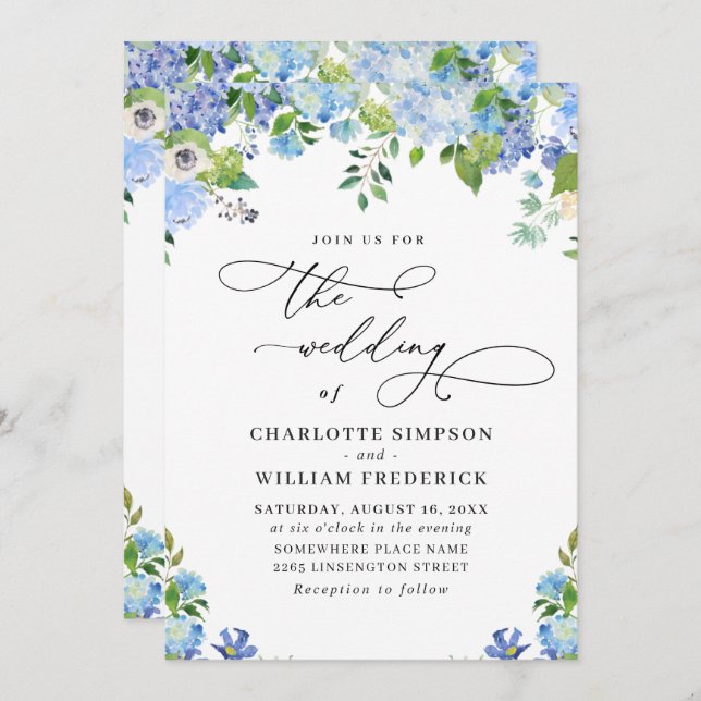 Elegant Blue Hydrangea Watercolor Greenery Wedding Invitation (Front/Back)