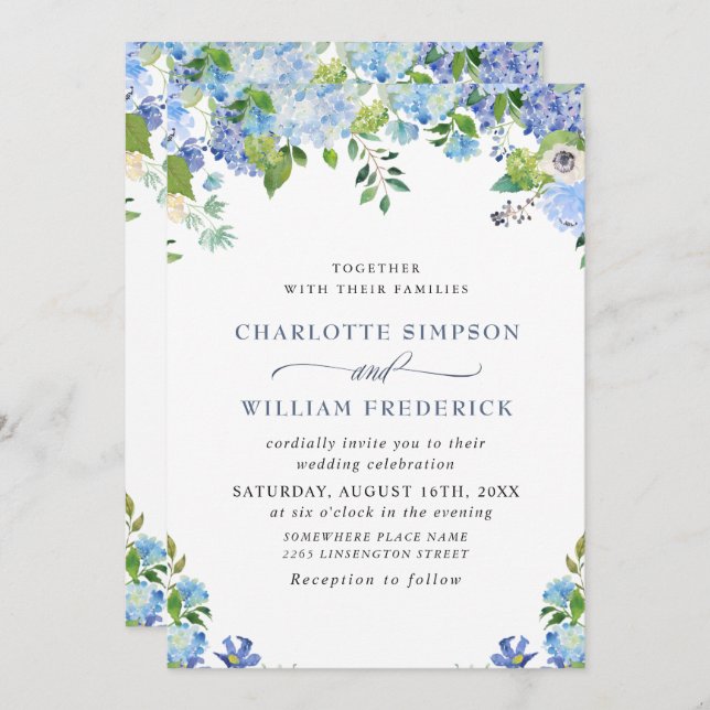 Elegant Blue Hydrangea Watercolor Greenery Wedding Invitation (Front/Back)
