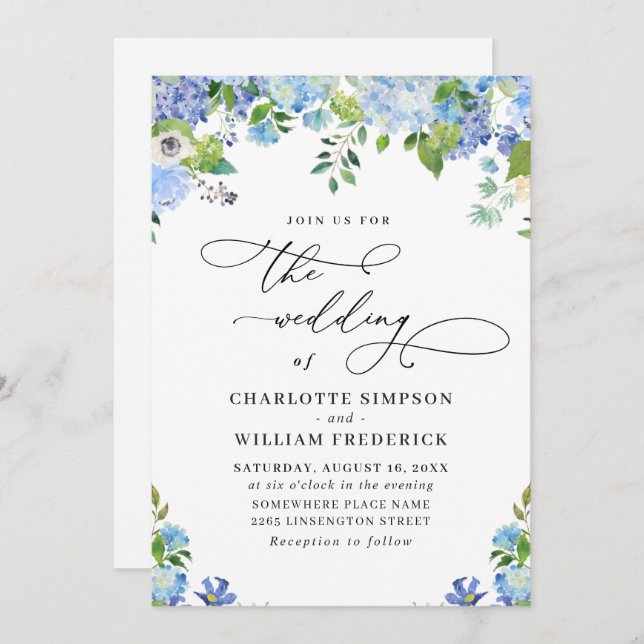 Elegant Blue Hydrangea Watercolor Greenery Wedding Invitation (Front/Back)