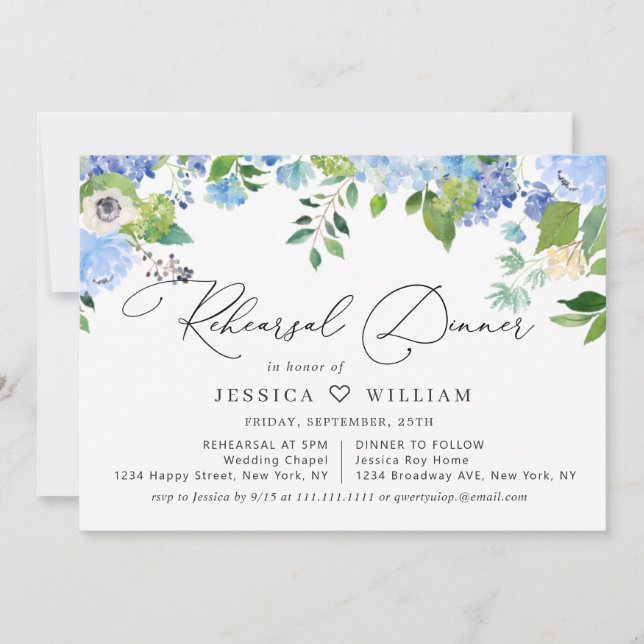 Elegant Blue Hydrangea Watercolor REHEARSAL DINNER Invitation (Front)