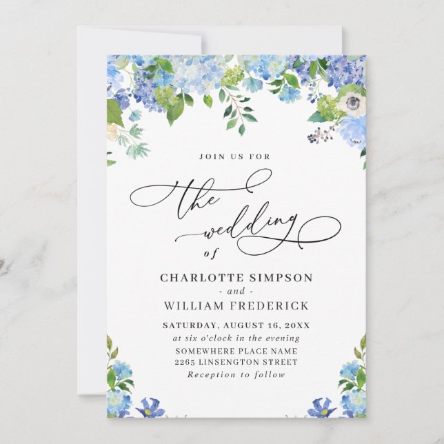 Elegant Blue Hydrangea Watercolor Wedding Photo Invitation (Front)
