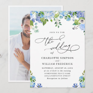 Elegant Blue Hydrangea Watercolor Wedding Photo Invitation