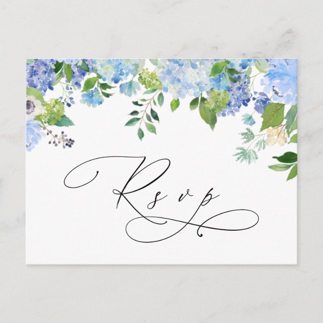 Elegant Blue Hydrangea Watercolor Wedding RSVP Postcard (Front)