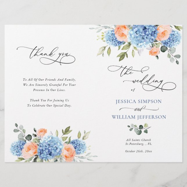 Elegant Blue Hydrangea Wedding Ceremony Program (Front)