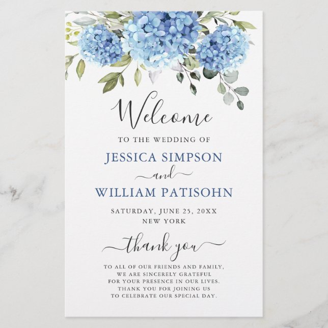 Elegant Blue Hydrangea Wedding Ceremony Program (Front)