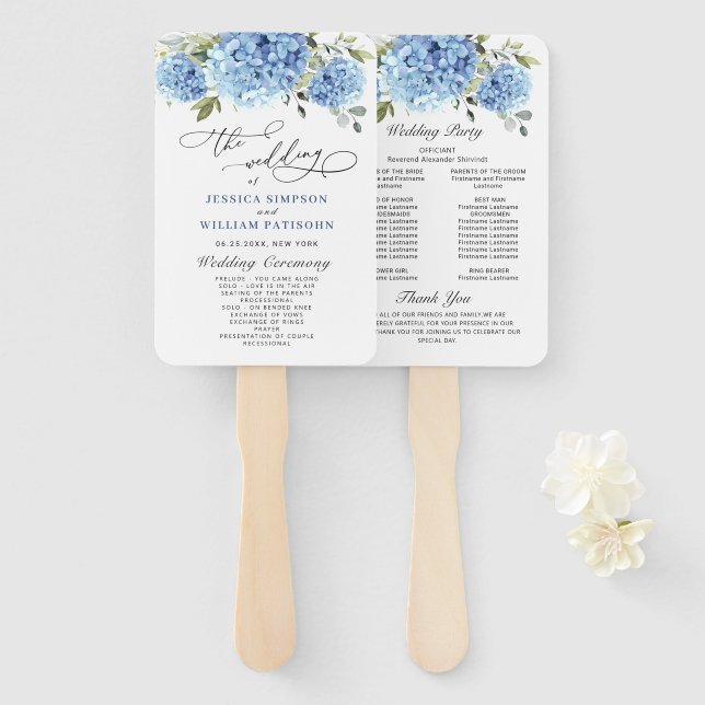 Elegant Blue Hydrangea Wedding Ceremony Program Hand Fan (Front and Back)