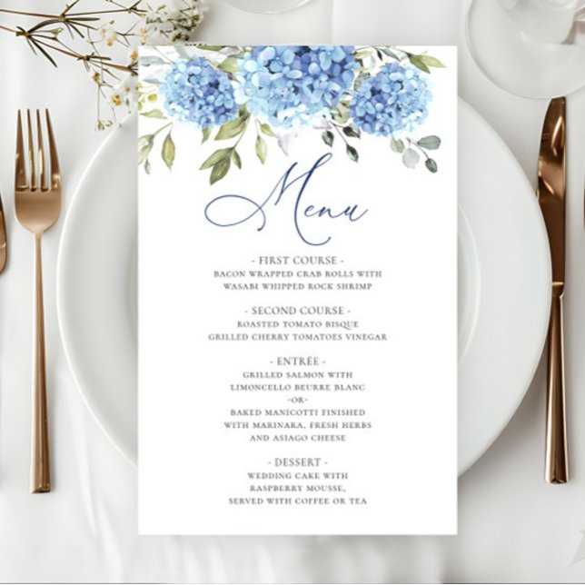 Elegant Blue Hydrangea Wedding Dinner Menu (Creator Uploaded)