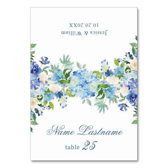 Elegant Blue Hydrangea Wedding Escort Card (Front)