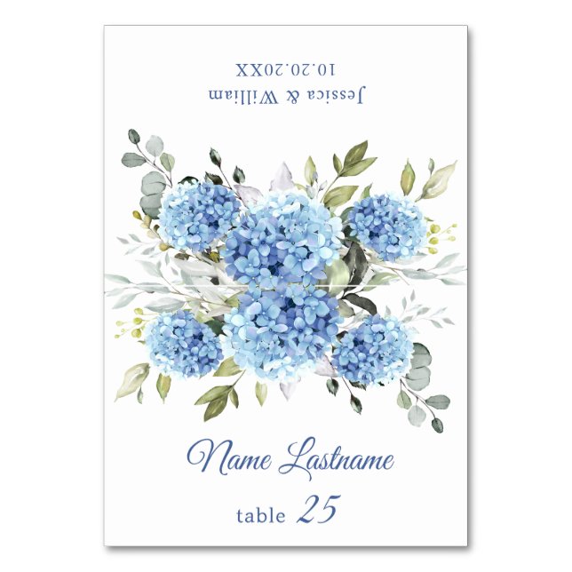 Elegant Blue Hydrangea Wedding Escort Card (Front)