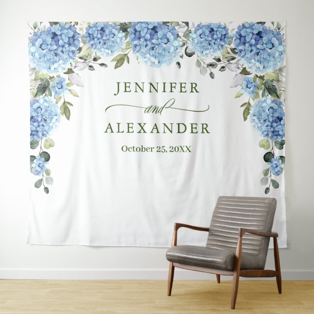 Elegant Blue Hydrangea Wedding Photo Backdrop Tapestry (In Situ (Horizontal))
