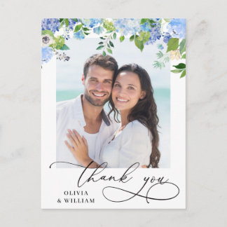 Elegant Blue Hydrangea Wedding Photo Thank You Postcard