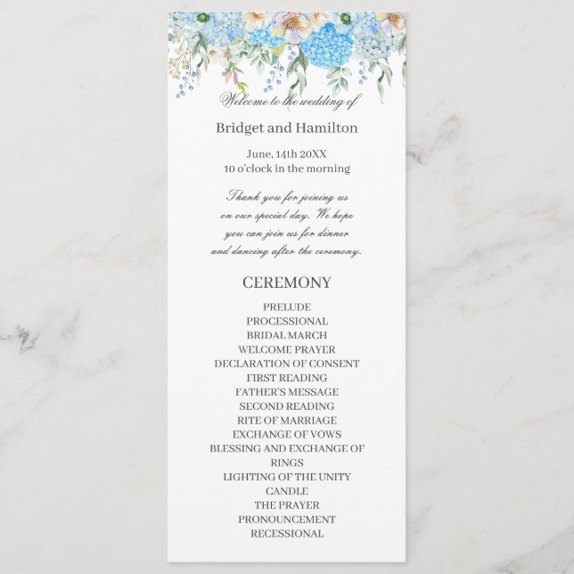 Elegant Blue Hydrangea Wedding Programme (Front)