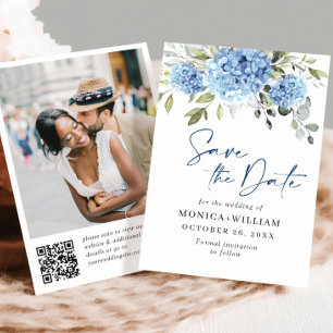Elegant Blue Hydrangea Wedding QR code Photo Save The Date