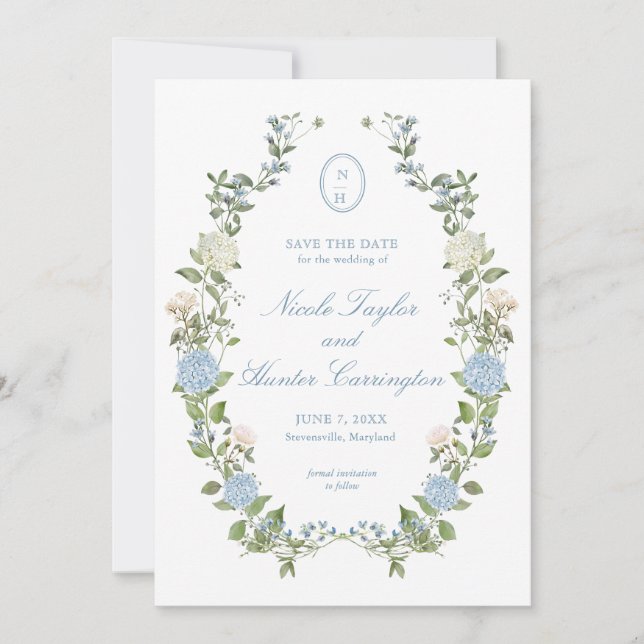 Elegant Blue Hydrangea Wedding Save the Date (Front)
