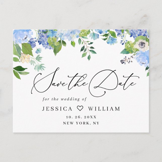 Elegant Blue Hydrangea Wedding Save the Date OR Postcard (Front)