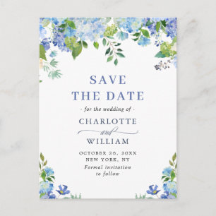 Elegant Blue Hydrangea Wedding Save The Date Postcard